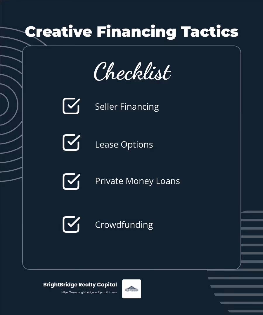 Creative financing strategies infographic - creative financing for real estate investors infographic checklist-dark-blue