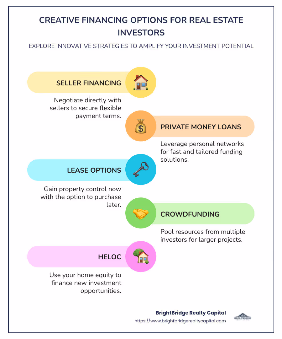 Infographic detailing creative financing options including seller financing, private money loans, lease options, and crowdfunding as alternatives for real estate investments - creative financing for real estate investors infographic infographic-line-5-steps-colors