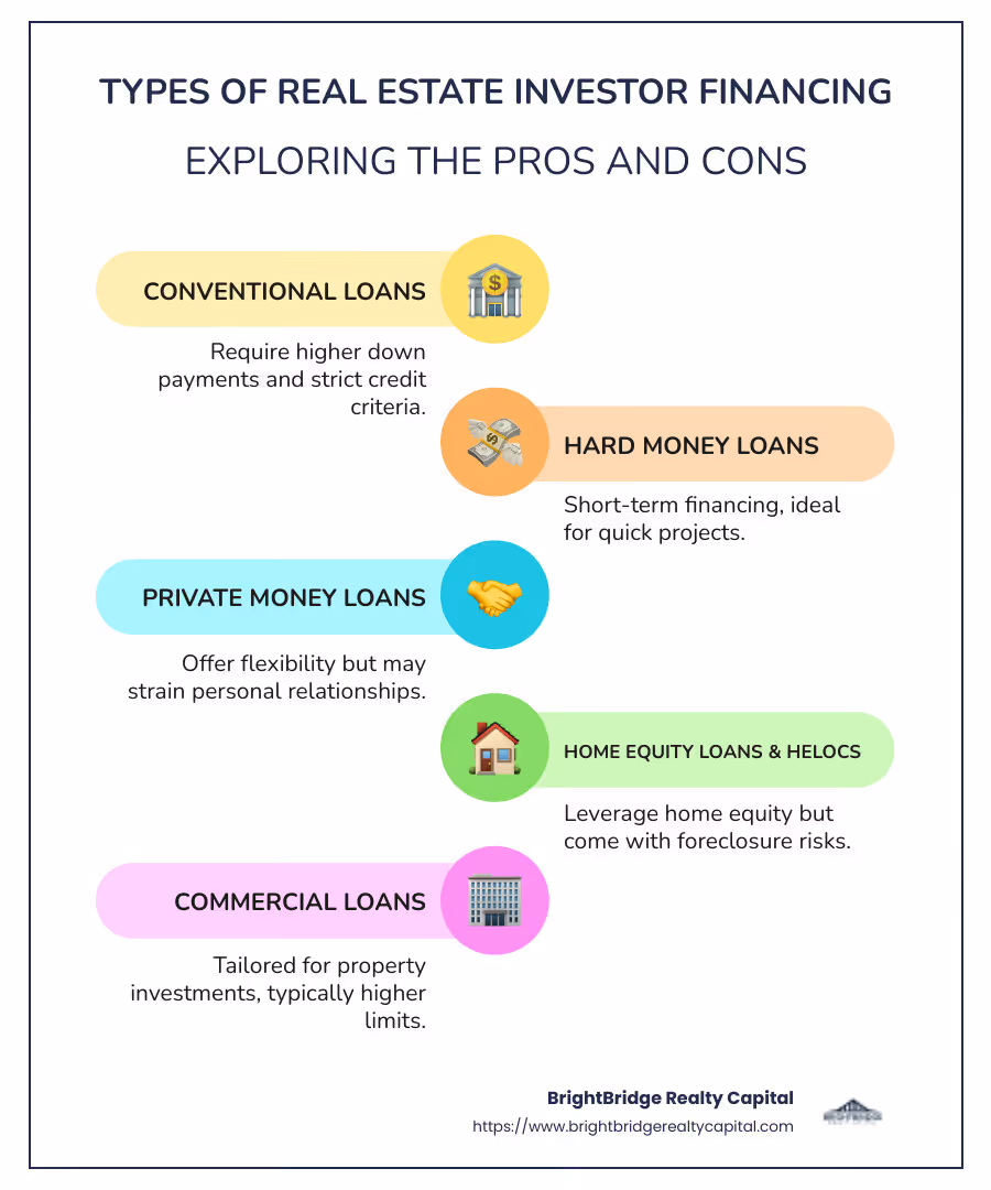 Infographic detailing types of real estate investor financing options, such as conventional loans, hard money loans, private money loans, and home equity loans, including brief pros and cons of each option - real estate investor financing infographic infographic-line-5-steps-colors