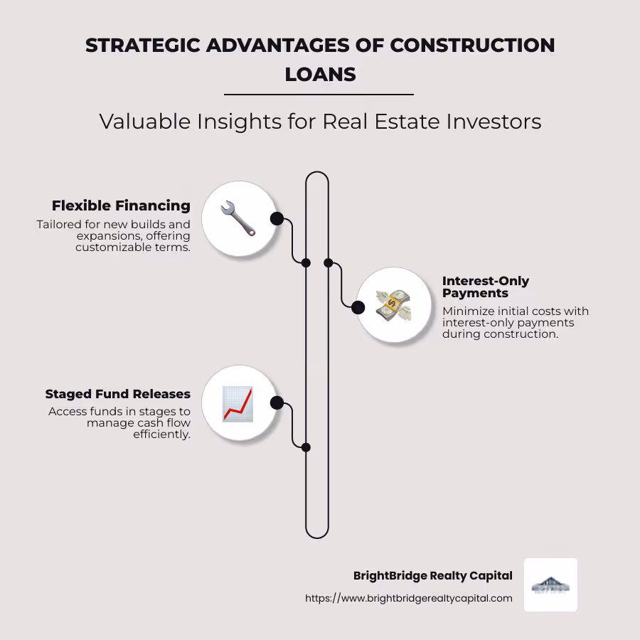 Infographic showing benefits of construction loans for real estate investors, including flexibility, staged funding, and interest-only payments, highlighting strategic use cases in competitive markets - construction loan real estate investor infographic infographic-line-3-steps-neat_beige