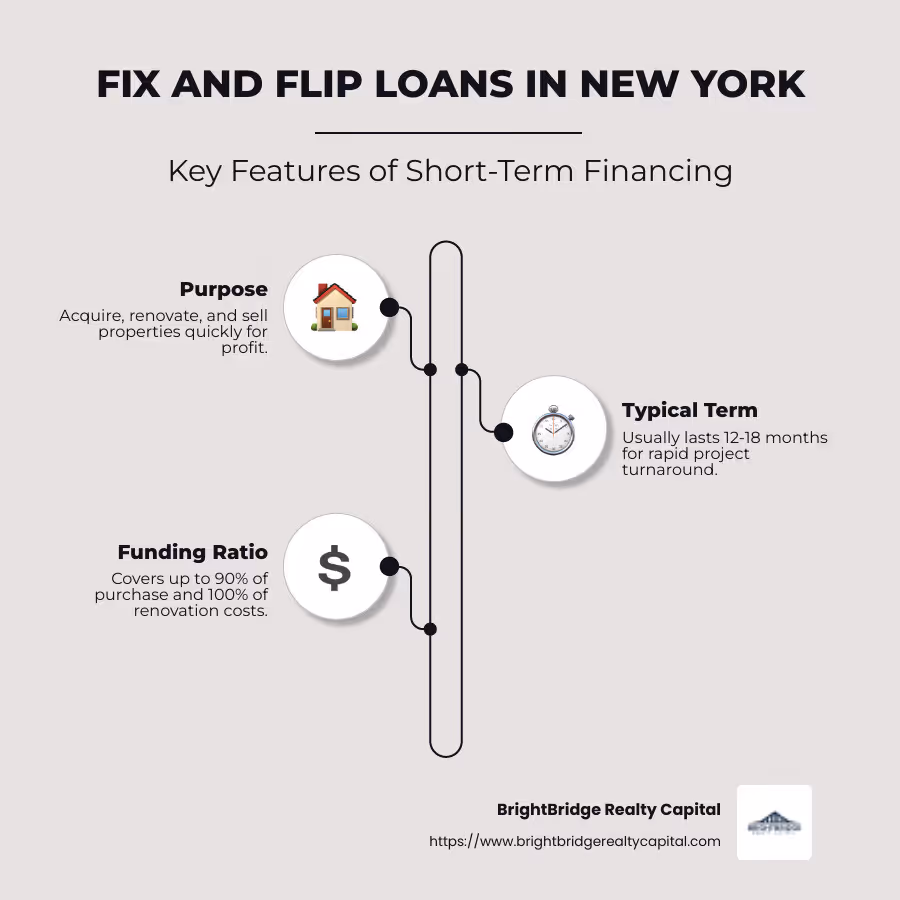 Infographic detailing key points of fix and flip loans: purpose, typical term, funding ratio, and qualifying factors for fix and flip projects in New York - fix and flip loans new york infographic infographic-line-3-steps-neat_beige