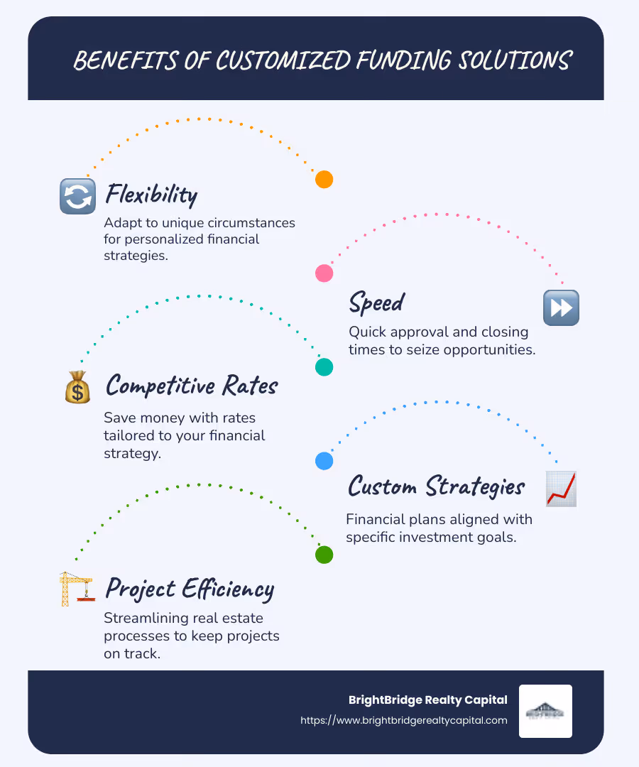 Infographic detailing customized funding solutions benefits like flexibility, speed, and competitive rates - customized funding solutions infographic infographic-line-5-steps-blues-accent_colors