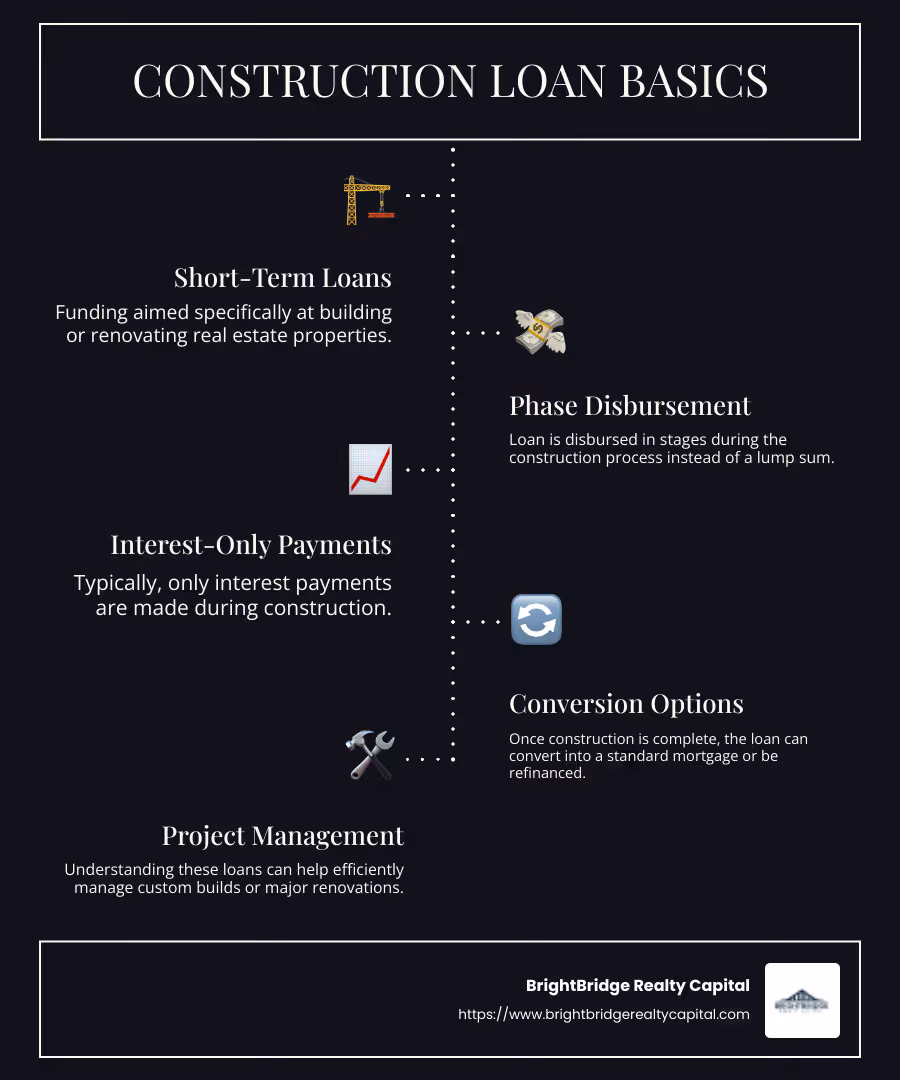Infographic detailing the basics of construction loans: loan phases, interest-only payments, conversion to standard mortgage - construction loans real estate infographic infographic-line-5-steps-dark