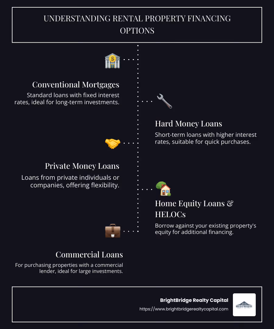 Infographic detailing various rental property financing options and their benefits - rental property financing infographic infographic-line-5-steps-dark