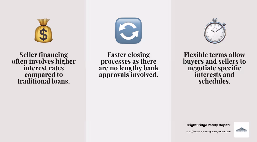Seller financing often involves higher interest rates compared to traditional loans. - rent to own seller financing infographic 3_facts_emoji_grey