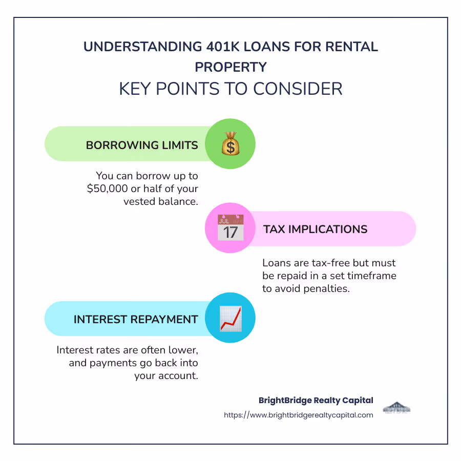 Infographic explaining the key points about using a 401k loan for rental property. It includes sections on borrowing limits, tax implications, and interest repayment. The infographic is neatly structured with icons representing each element. Section headers are bolded and there are brief descriptions under each one, using simple language to ensure accessibility. - 401k loan for rental property infographic infographic-line-3-steps-colors