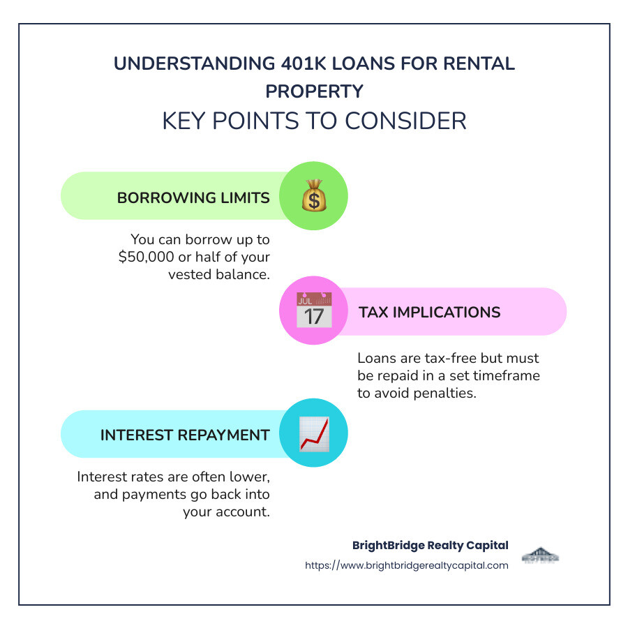 Infographic explaining the key points about using a 401k loan for rental property. It includes sections on borrowing limits, tax implications, and interest repayment. The infographic is neatly structured with icons representing each element. Section headers are bolded and there are brief descriptions under each one, using simple language to ensure accessibility. - 401k loan for rental property infographic infographic-line-3-steps-colors