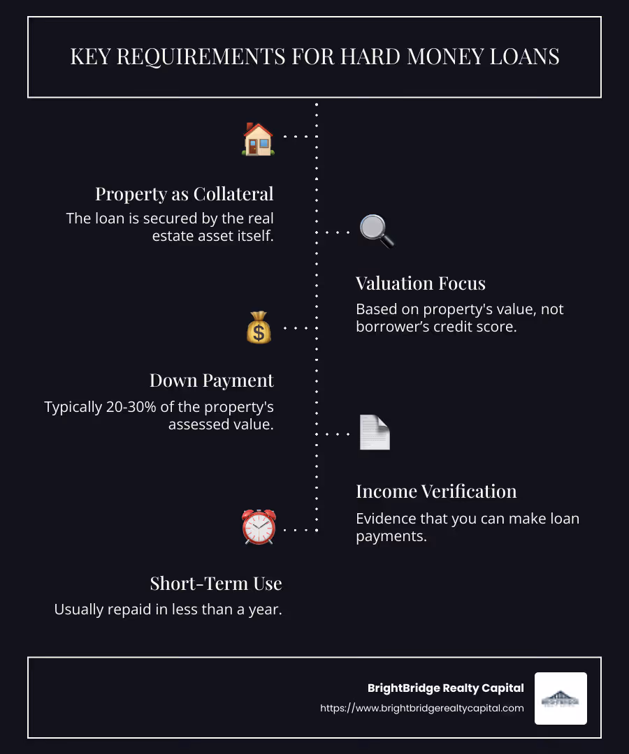 Infographic highlighting the major requirements for hard money loans, including property as collateral, quick funding timelines, and the independence from borrower's credit score - hard money loan requirements infographic infographic-line-5-steps-dark