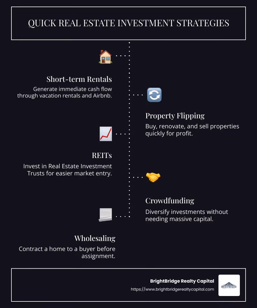 Infographic on quick investment strategies: short-term rentals, property flipping, REITs, and crowdfunding opportunities, with a focus on time to profit, potential risks, and initial investments required - quick real estate investments infographic infographic-line-5-steps-dark