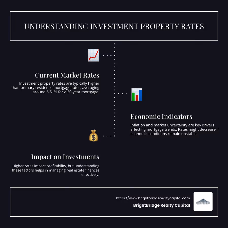 Infographic detailing current mortgage rates and economic trends - interest rate for investment property today infographic infographic-line-3-steps-dark