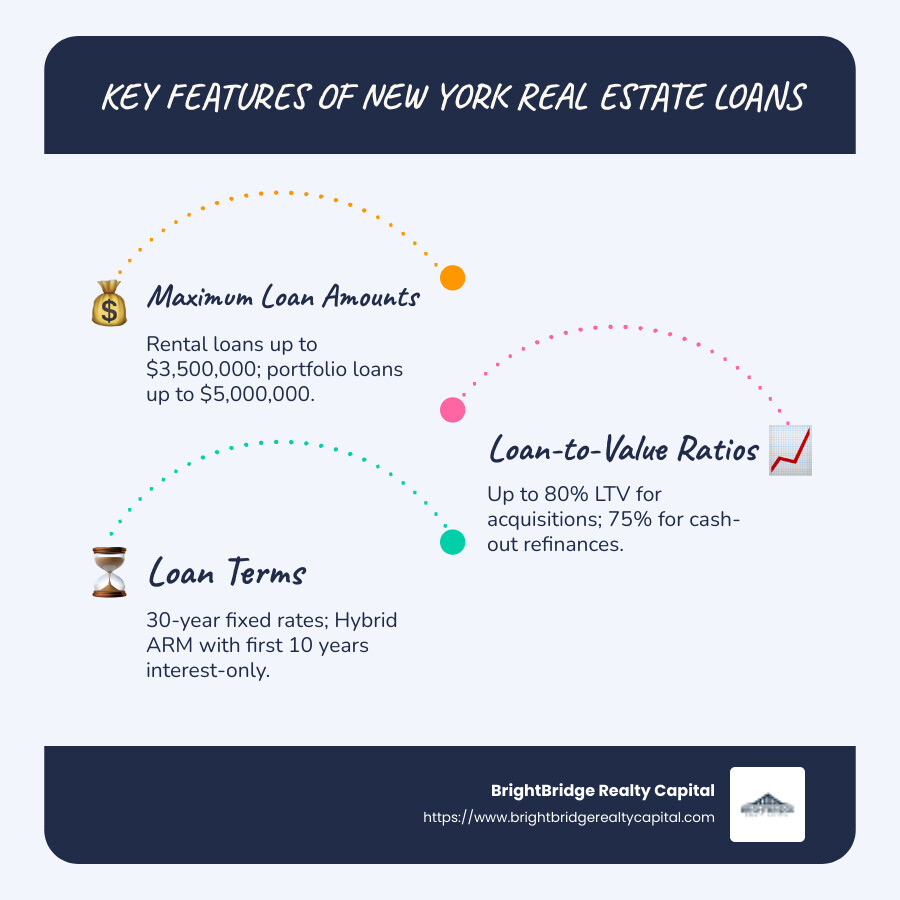 Infographic of New York real estate loan options and features - New York real estate loans infographic infographic-line-3-steps-blues-accent_colors