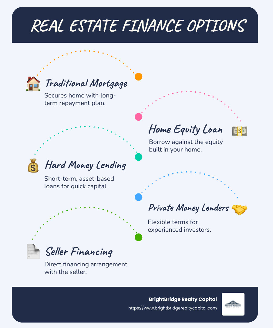 Infographic detailing investment property financing options and strategies - real estate finance infographic infographic-line-5-steps-blues-accent_colors