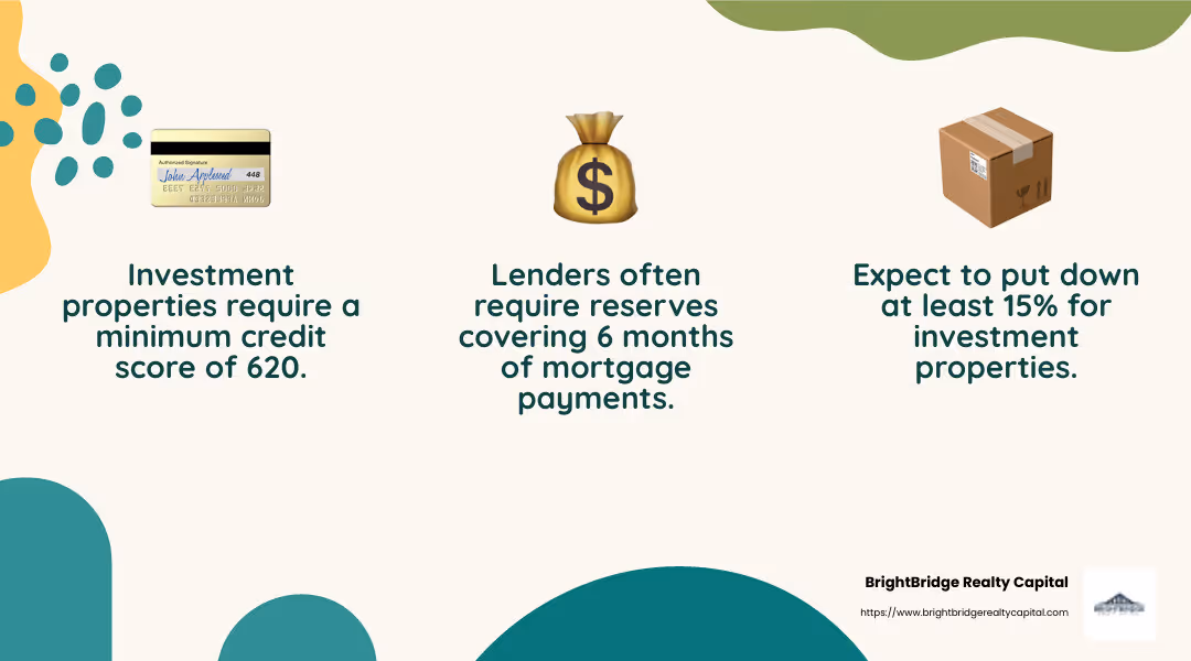 Credit score and down payment requirements for investment properties - Real estate investor financing infographic 3_facts_emoji_nature