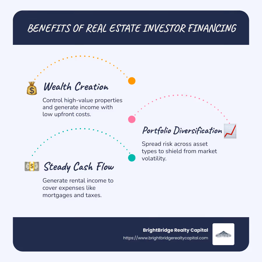 Infographic showing benefits and strategies of real estate investor financing - Real estate investor financing infographic infographic-line-3-steps-blues-accent_colors