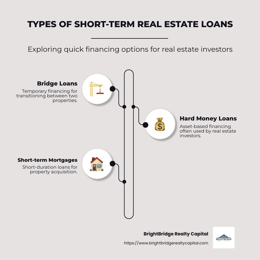 Infographic showing types of short-term real estate loans, their features, and benefits - Short-term real estate loans infographic infographic-line-3-steps-neat_beige