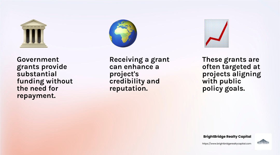 Government grants offer substantial funding without repayment, enhancing credibility and reputation. - construction project funding infographic 3_facts_emoji_light-gradient