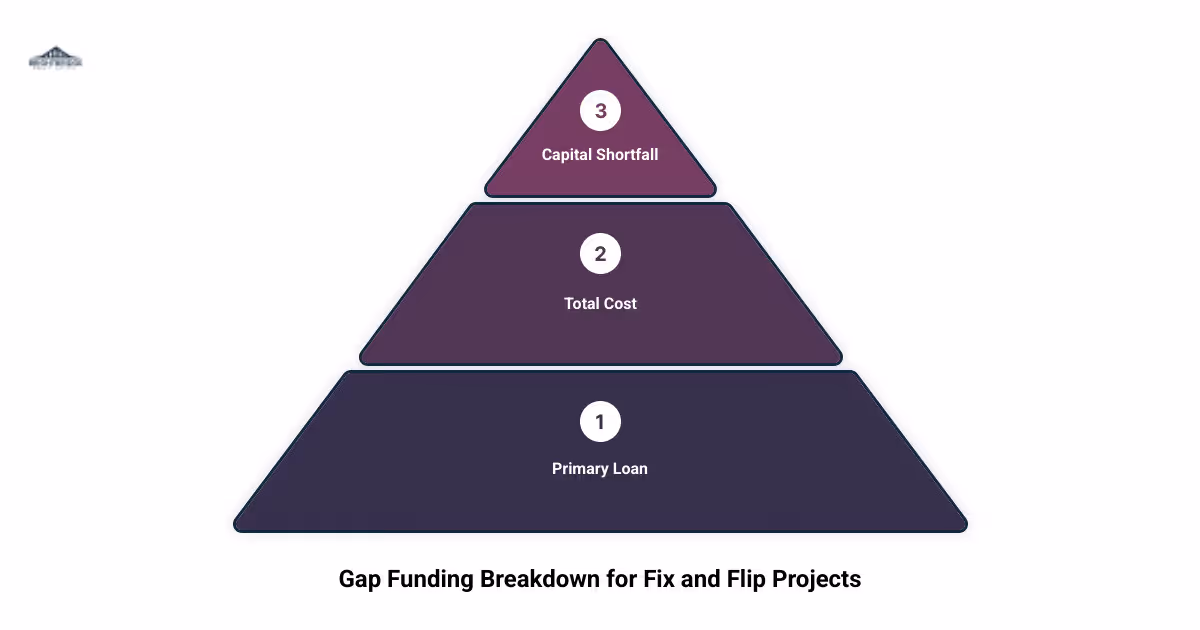 Gap funding breakdown for fix and flip projects: Primary Loan, Total Cost, Capital Shortfall, Gap Funding Solutions - gap funding for fix and flip infographic 3_stage_pyramid
