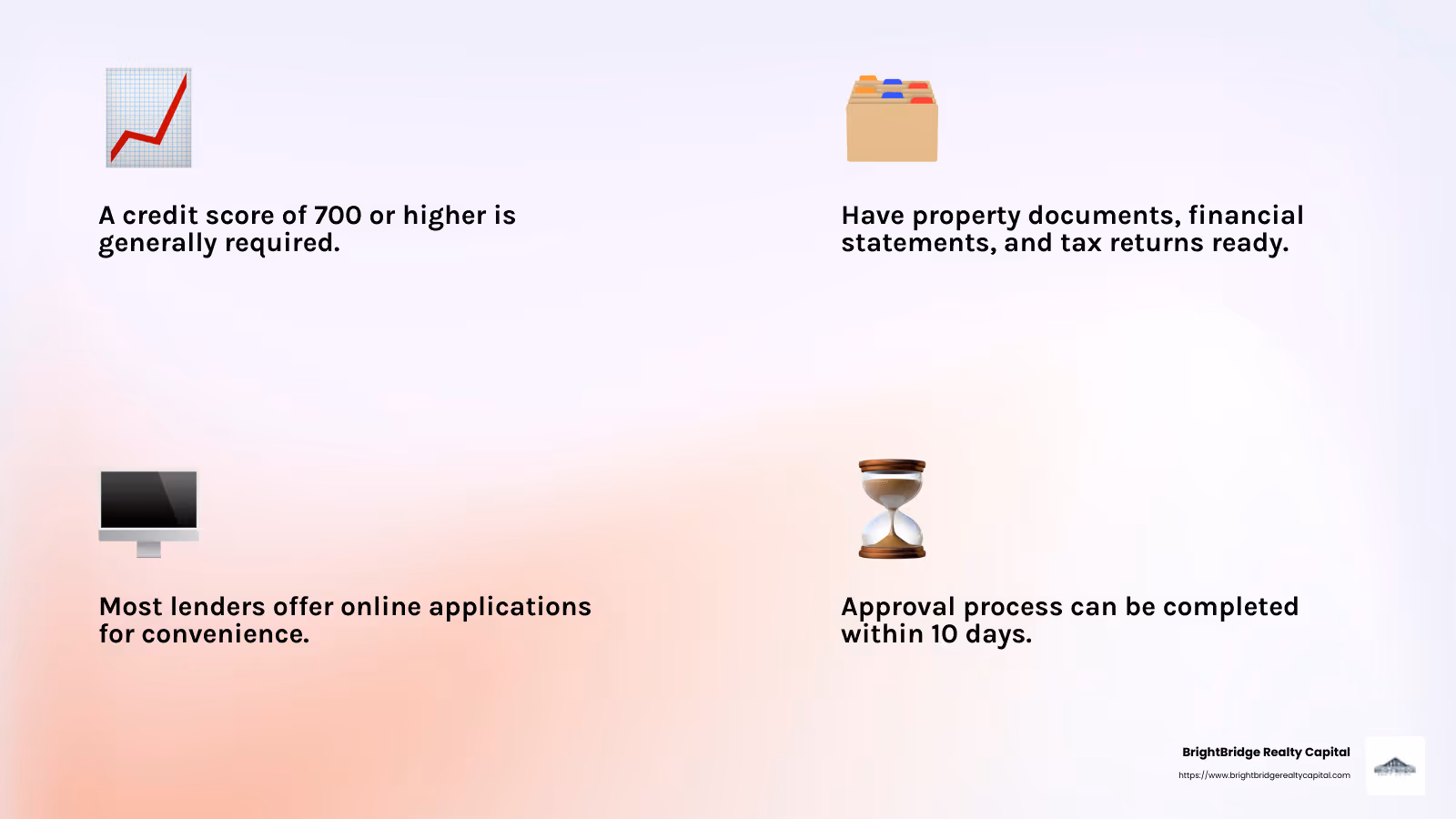 A well-prepared application can speed up your approval process. - real estate portfolio line of credit infographic 4_facts_emoji_light-gradient
