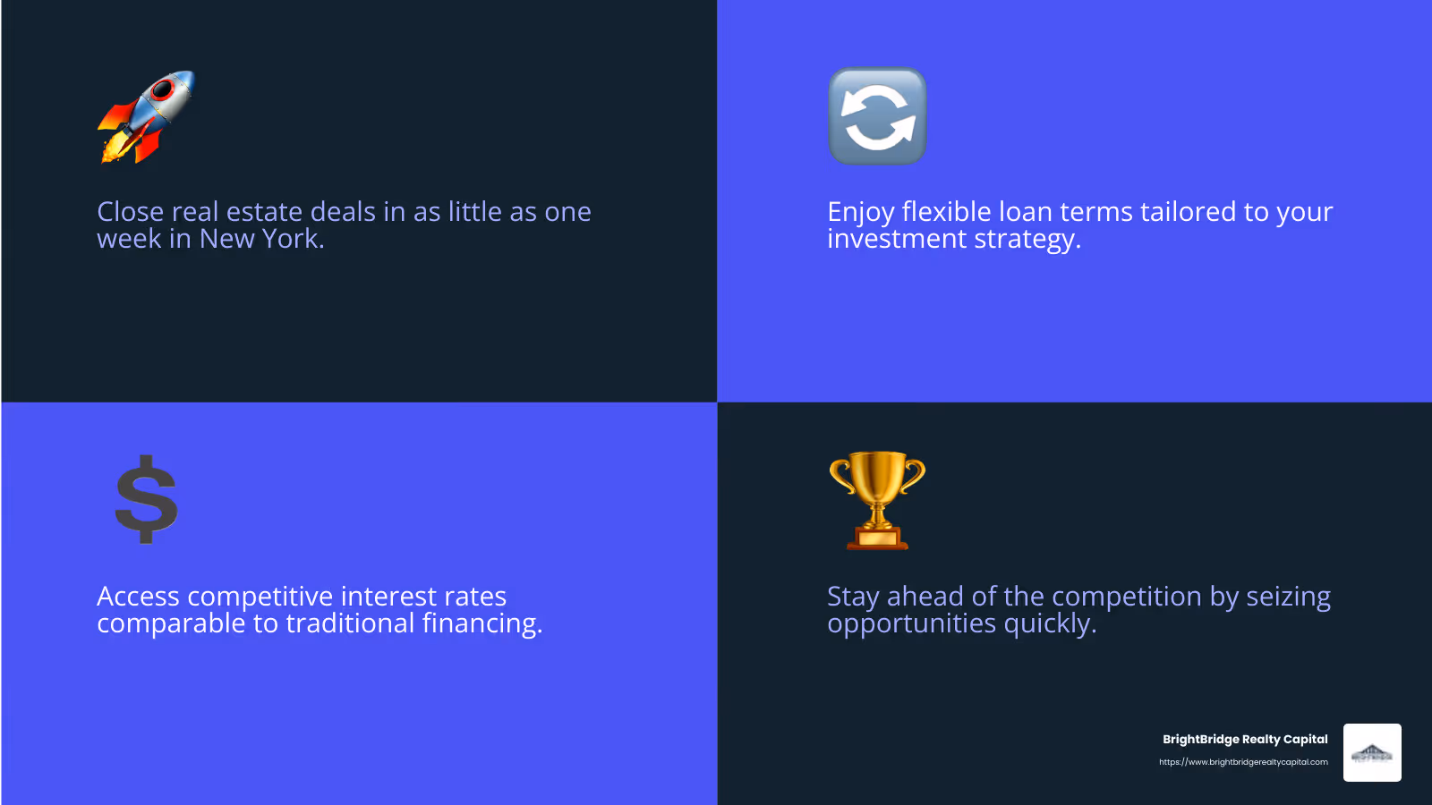 Quick Real Estate Funding Benefits - Quick real estate funding New York infographic 4_facts_emoji_blue