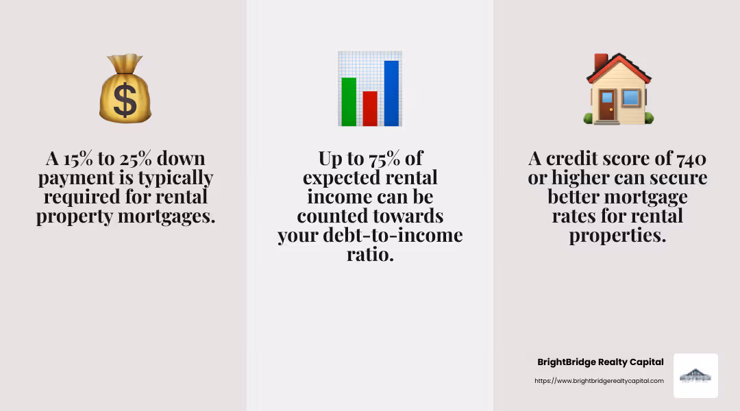 Credit score and down payment requirements for rental property mortgages - buying a house to rent out mortgage infographic 3_facts_emoji_grey