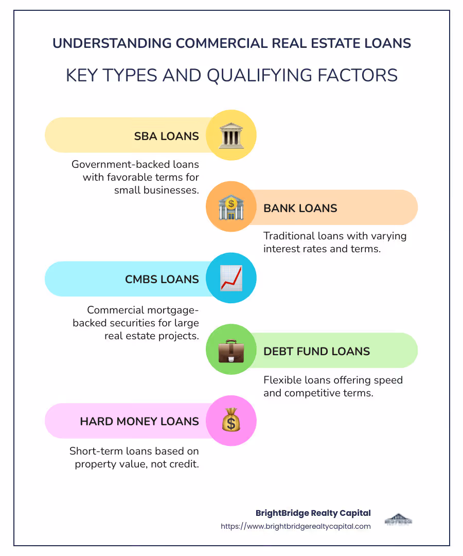 Infographic detailing commercial real estate loan options and key qualifying factors - commercial real estate financing infographic infographic-line-5-steps-colors