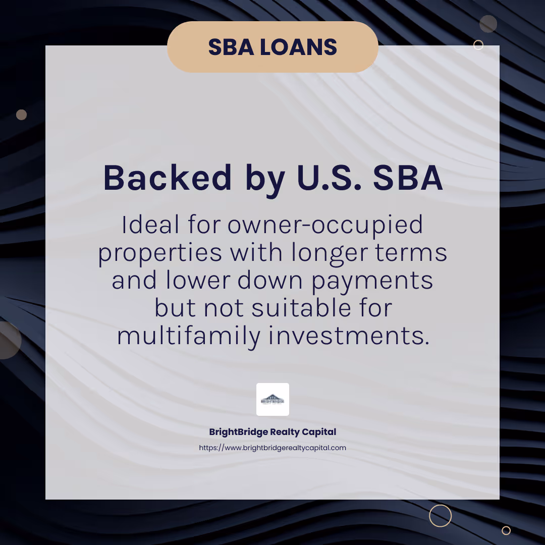 SBA Loans: Backed by the U.S. Small Business Administration - commercial real estate financing infographic simple-info-card-dark