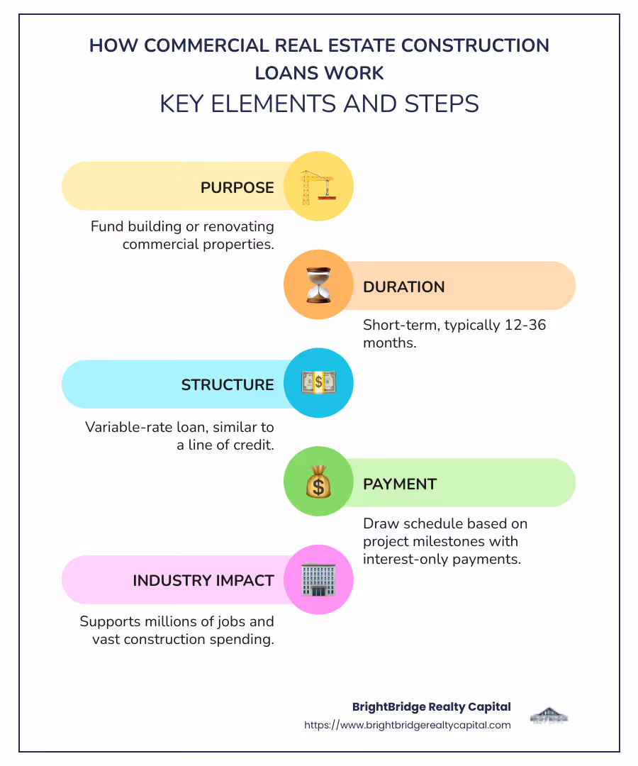 Infographic detailing how commercial real estate construction loans work, including purpose, duration, structure, and payment methods - how do commercial real estate construction loans work infographic infographic-line-5-steps-colors