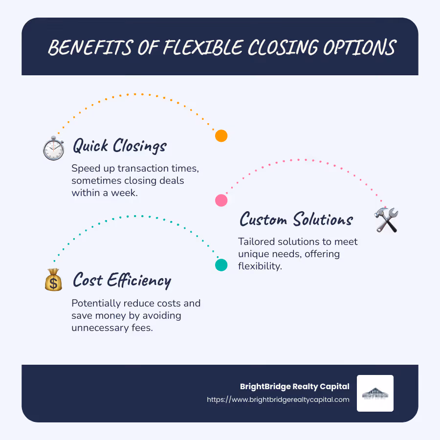 Infographic displaying steps and benefits of flexible closing options in real estate, highlighting quick closings, custom solutions, and cost efficiency. - flexible closing options infographic infographic-line-3-steps-blues-accent_colors