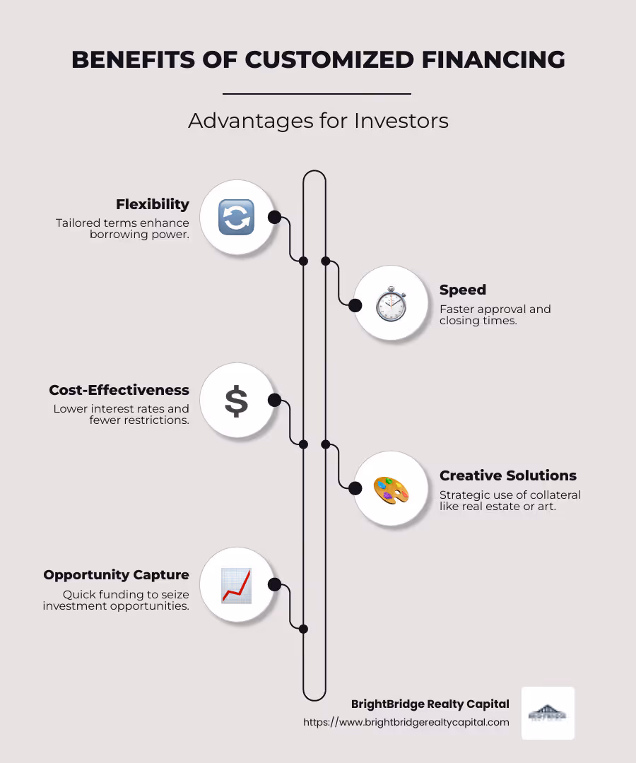 Infographic explaining benefits of customized financing: flexibility with custom terms, speed with rapid approval and closing, cost-effectiveness with potentially lower rates and fewer restrictions, and creative solutions utilizing strategic collateral like real estate and art. - customized financing solutions infographic infographic-line-5-steps-neat_beige