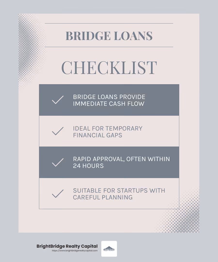 Bridge loans provide immediate cash flow and quick funds to address financial gaps. - bridge financing solutions infographic checklist-light-blue-grey