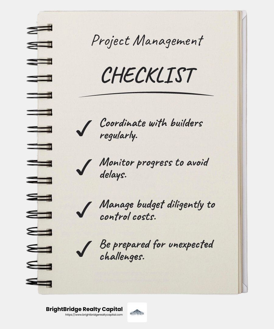 Quote about the complexity of managing construction projects - what is a construction loan in real estate infographic checklist-notebook