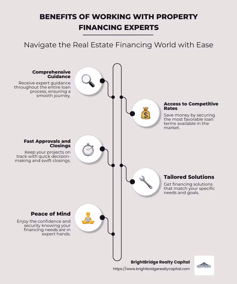 Infographic showing benefits of working with property financing experts, listing guidance, competitive rates, fast closings, and custom solutions - property financing experts infographic infographic-line-5-steps-neat_beige