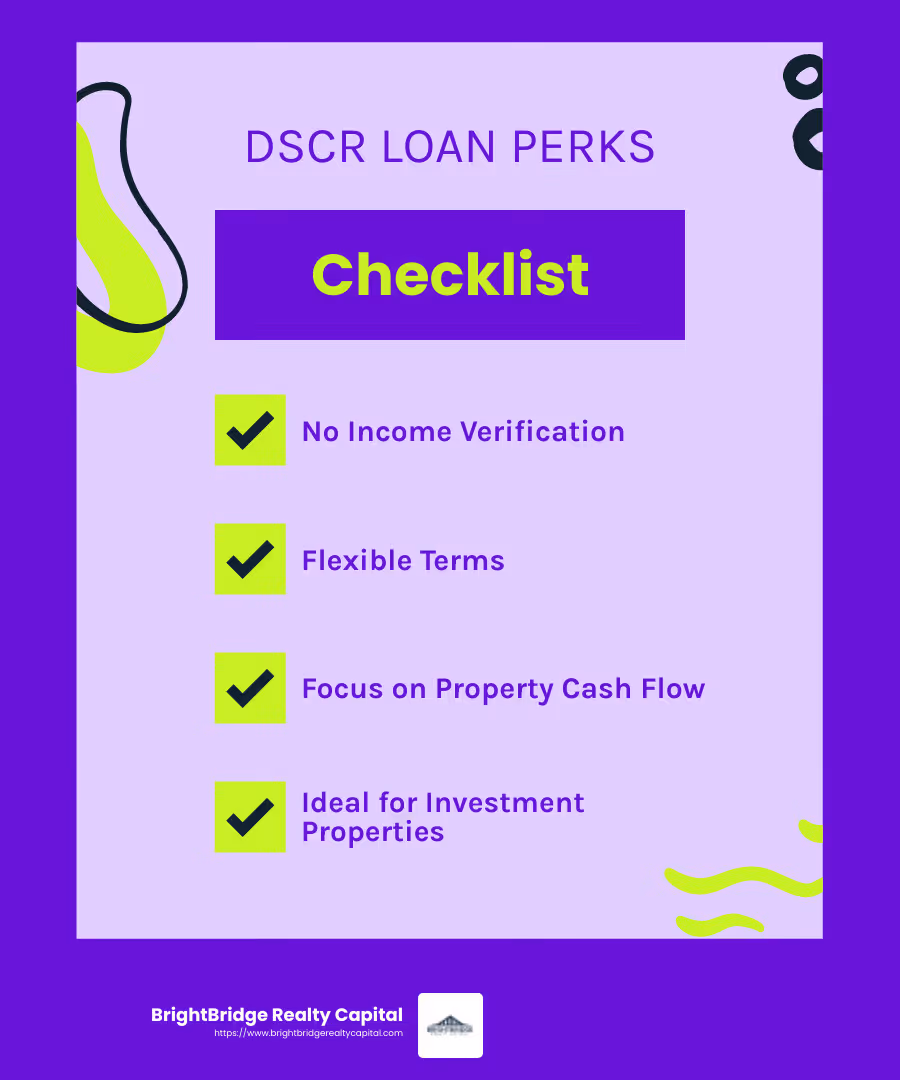 DSCR loans offer flexibility and speed, focusing on property cash flow rather than personal income verification. - DSCR loans for investors infographic checklist-fun-neon
