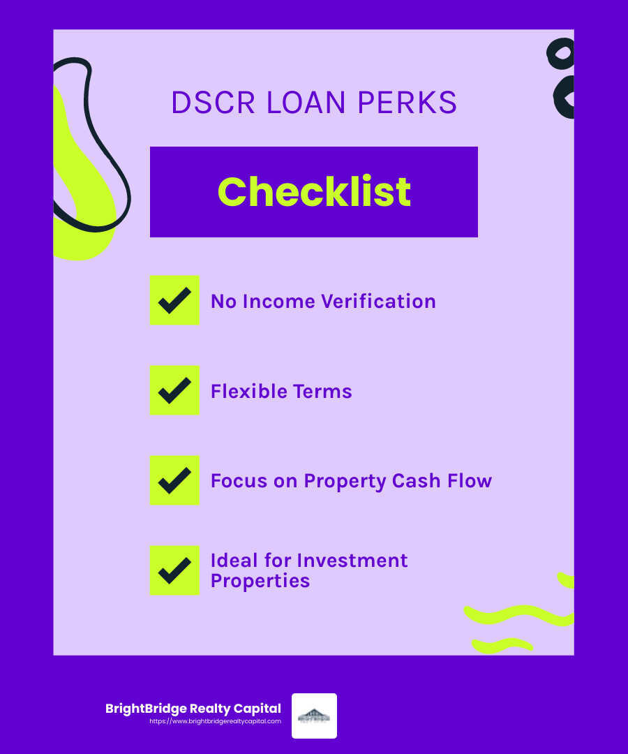 DSCR loans offer flexibility and speed, focusing on property cash flow rather than personal income verification. - DSCR loans for investors infographic checklist-fun-neon