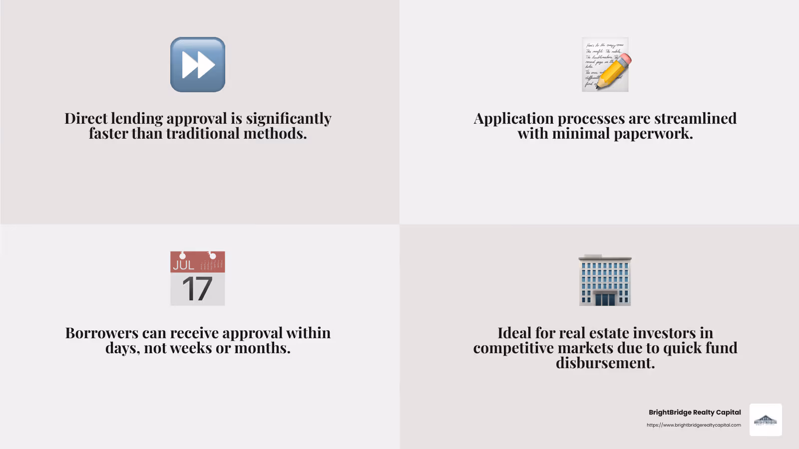 Speed of direct lending approval - Direct lending services infographic 4_facts_emoji_grey