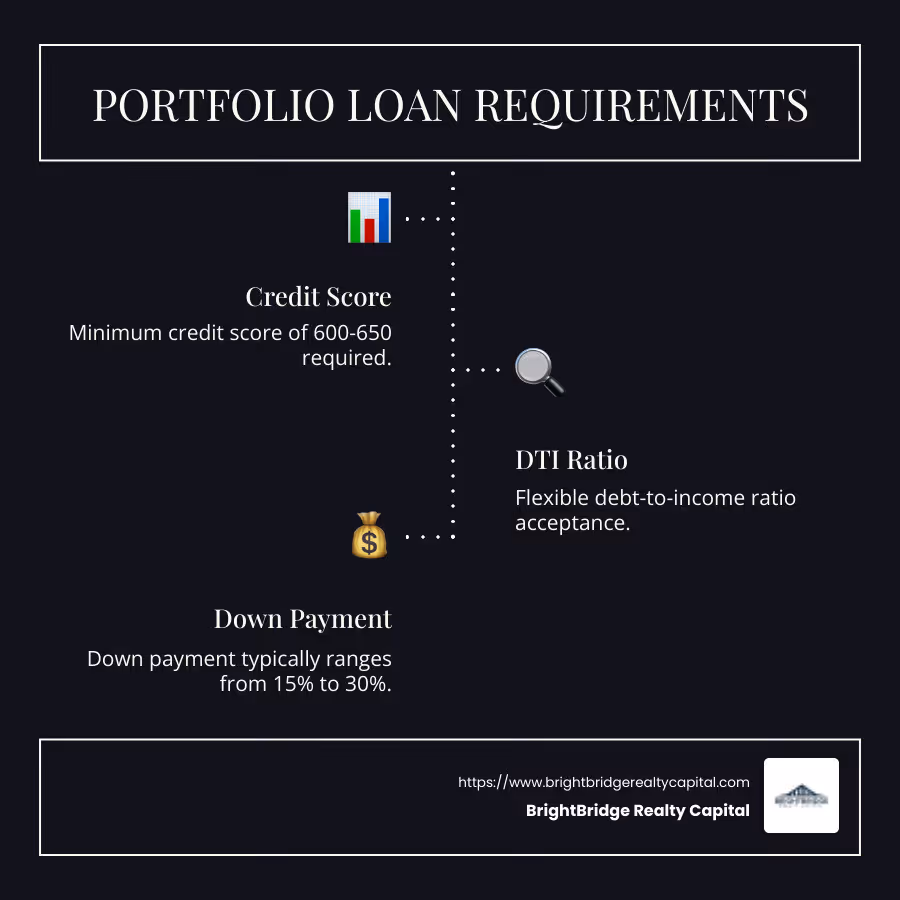Infographic detailing minimum requirements for portfolio loans, including credit score (600-650), DTI flexibility, and a down payment range of 15%-30%, with visual icons representing each metric. - portfolio loan requirements infographic infographic-line-3-steps-dark