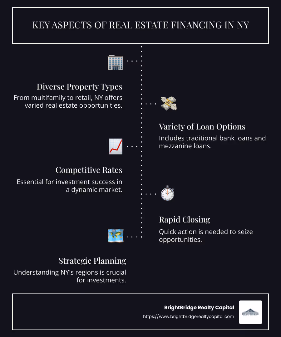 Infographic detailing New York real estate financing options and market overview - real estate financing NY infographic infographic-line-5-steps-dark