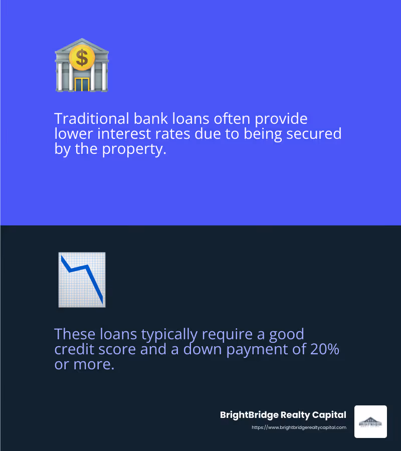 Traditional bank loans can offer lower interest rates due to being secured by the property. - how do real estate investors get financing infographic 2_facts_emoji_blue