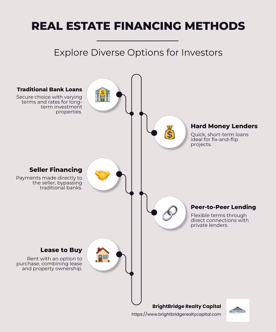 Infographic detailing various real estate financing methods with key features, benefits, and drawbacks for each option. - how do real estate investors get financing infographic infographic-line-5-steps-neat_beige
