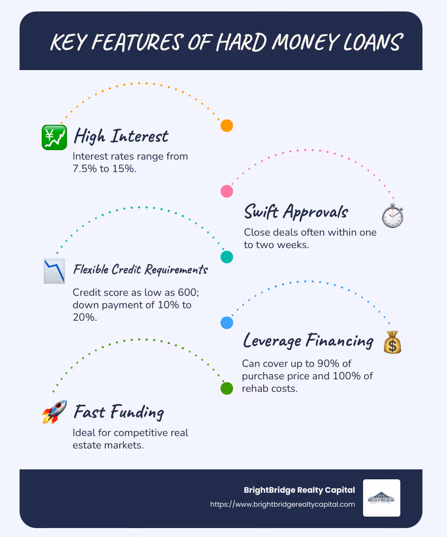 Infographic detailing key features of hard money loans, highlighting fast approval, high interest, and lower credit requirements - hard money fix flip infographic infographic-line-5-steps-blues-accent_colors