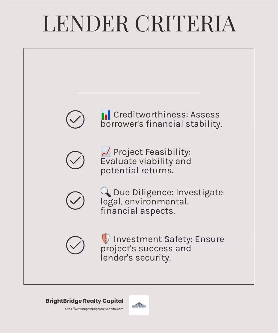 Lender's credit criteria assessment - real estate development financing infographic checklist-light-beige