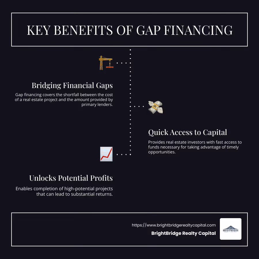 Infographic showing gap financing benefits and usage in real estate projects - gap financing for real estate investors infographic infographic-line-3-steps-dark