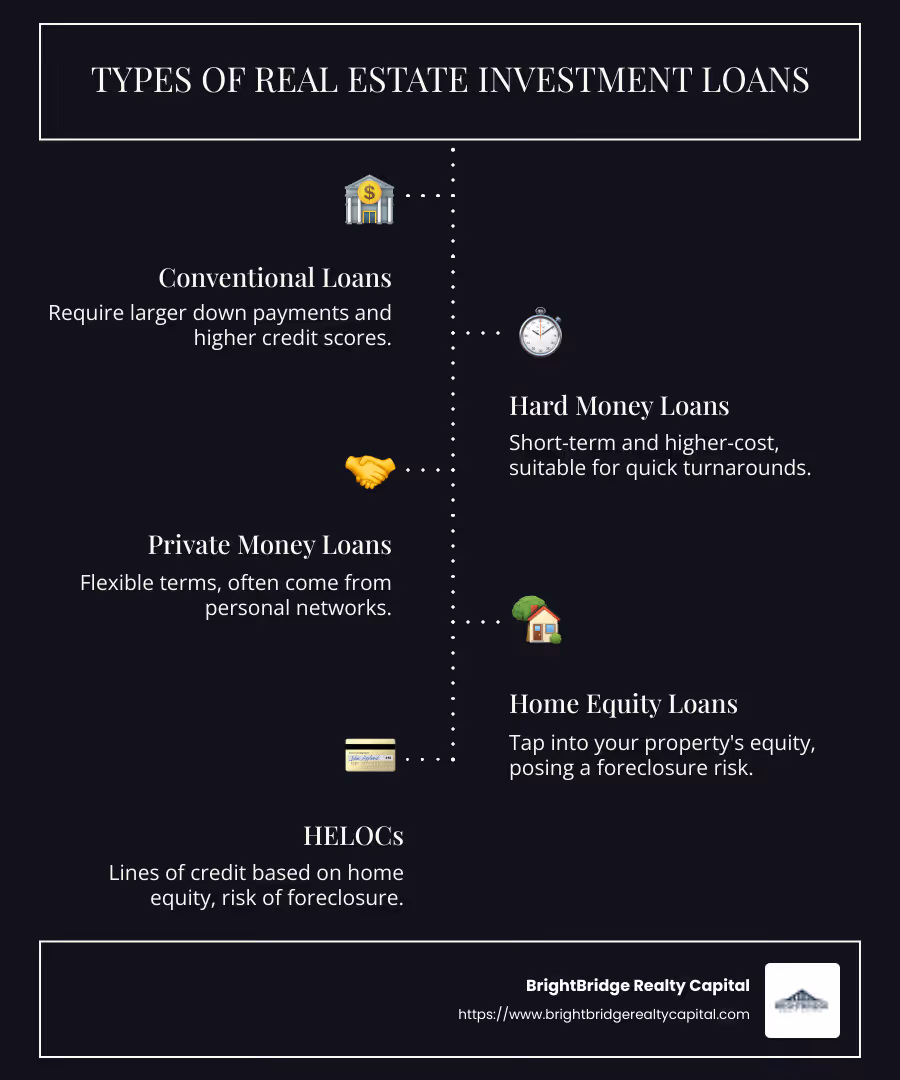 Infographic on types of real estate investment loans, including descriptions of conventional loans, hard money loans, private loans, and home equity options, with associated pros and cons for each type - real estate investment loan options infographic infographic-line-5-steps-dark
