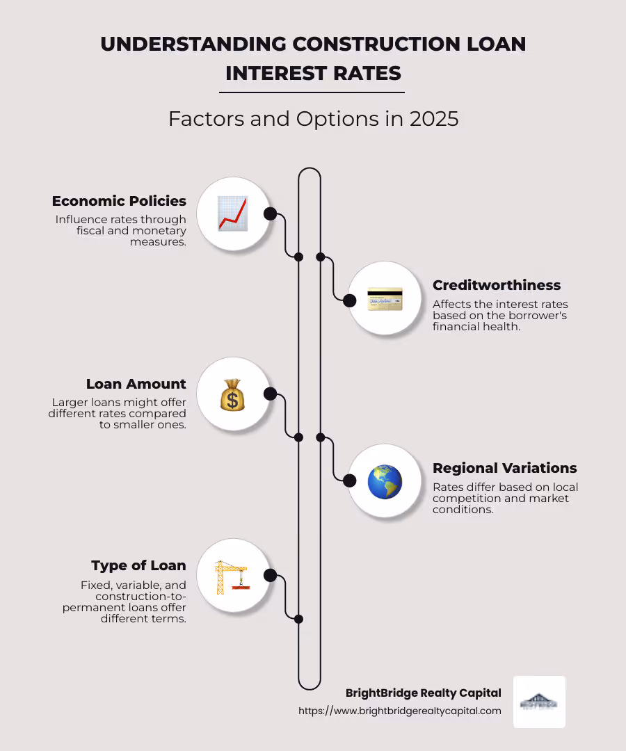 Infographic showing construction loan interest rates range, influencing factors, and types of loans like fixed, variable, and construction-to-permanent - construction loan interest rates infographic infographic-line-5-steps-neat_beige