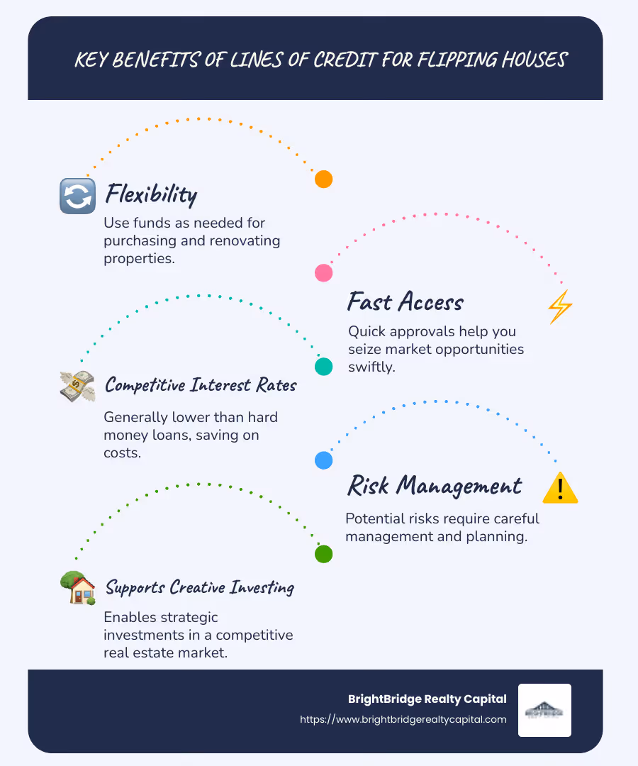 Infographic of key benefits and features of lines of credit for house flipping - line of credit for flipping houses infographic infographic-line-5-steps-blues-accent_colors