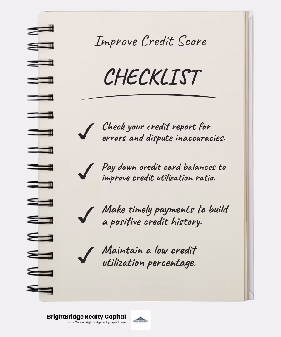 Improving your credit score can lower your refi rate. - refi rate for rental property infographic checklist-notebook