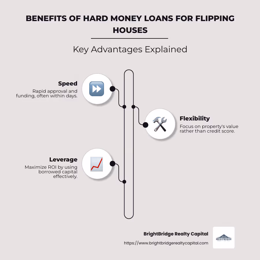Infographic showing benefits of hard money loans: speed, flexibility, leverage, property-focused - hard money lenders for flipping houses infographic infographic-line-3-steps-neat_beige