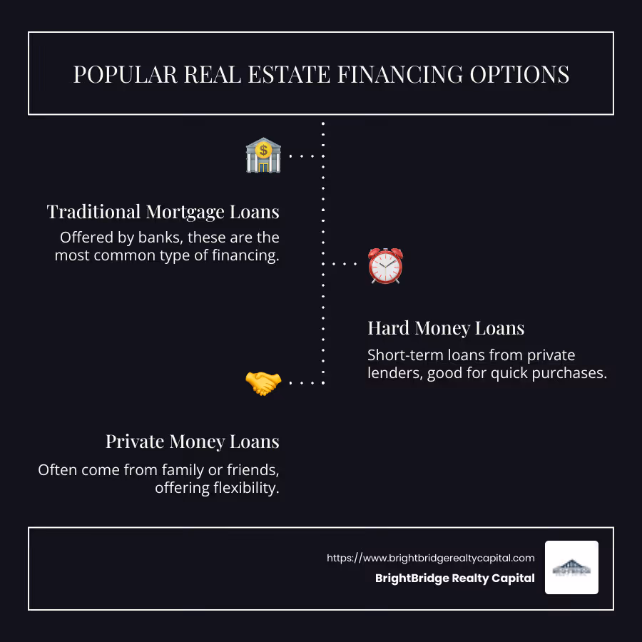 Infographic showing various real estate financing options, benefits, and application scenarios, with icons representing different loan types and their key features, such as traditional mortgage, hard money, and private money loans. - real estate financing options infographic infographic-line-3-steps-dark