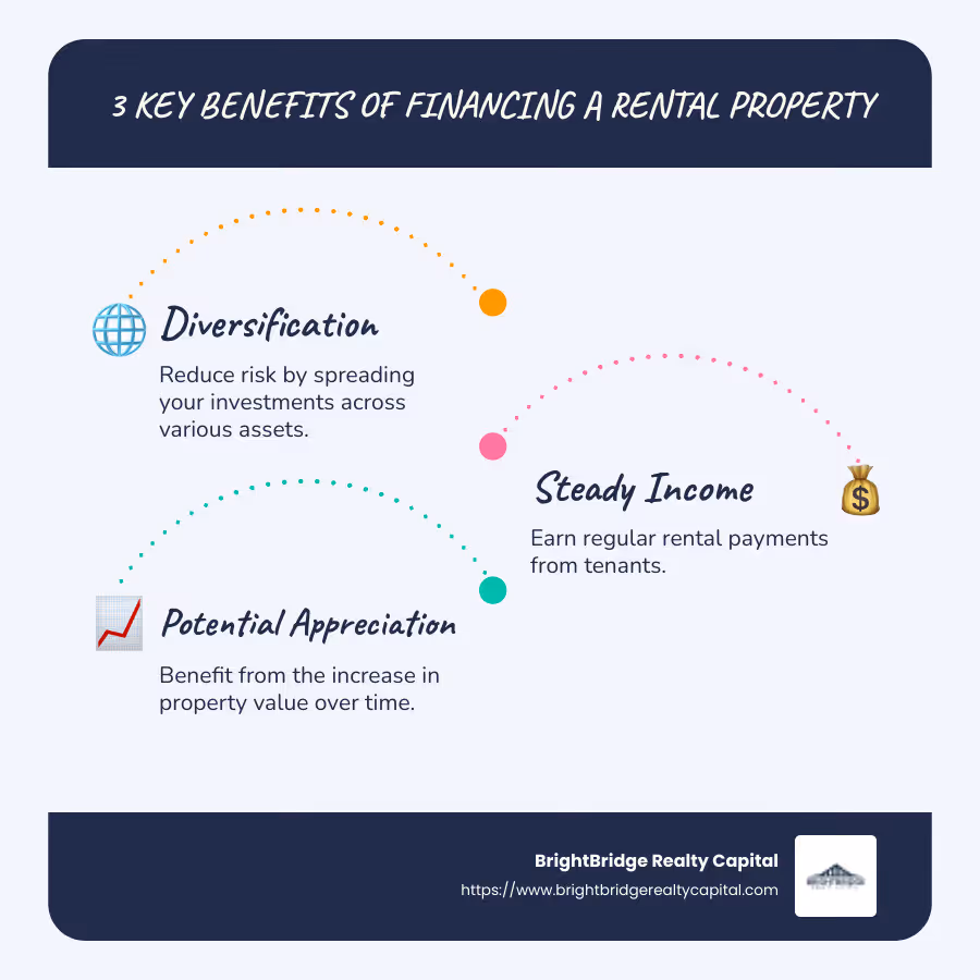 Infographic on 3 Key Benefits of Financing a Rental Property: Diversification, Steady Income, Potential Appreciation - financing a rental property infographic infographic-line-3-steps-blues-accent_colors