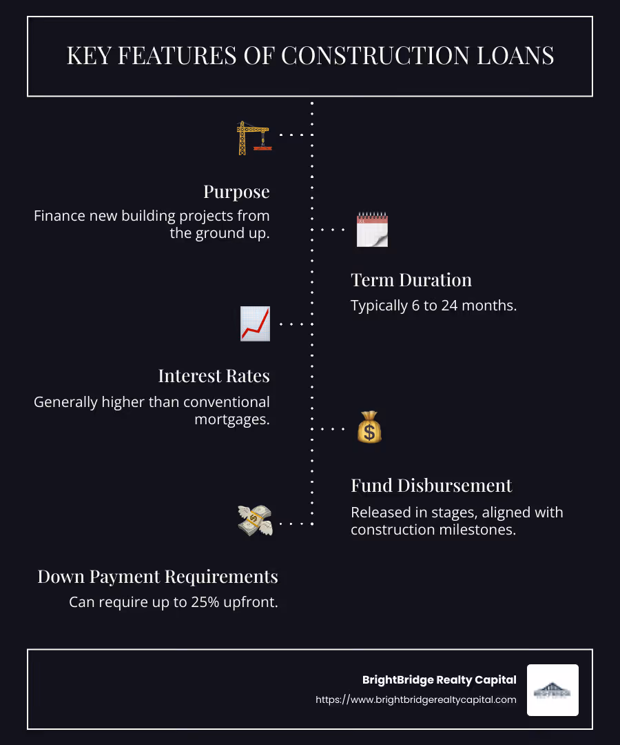 Infographic detailing key features of construction loans: Purpose, Term Duration, Interest Rates, Fund Disbursement, Down Payment Requirements - construction loans for developers infographic infographic-line-5-steps-dark